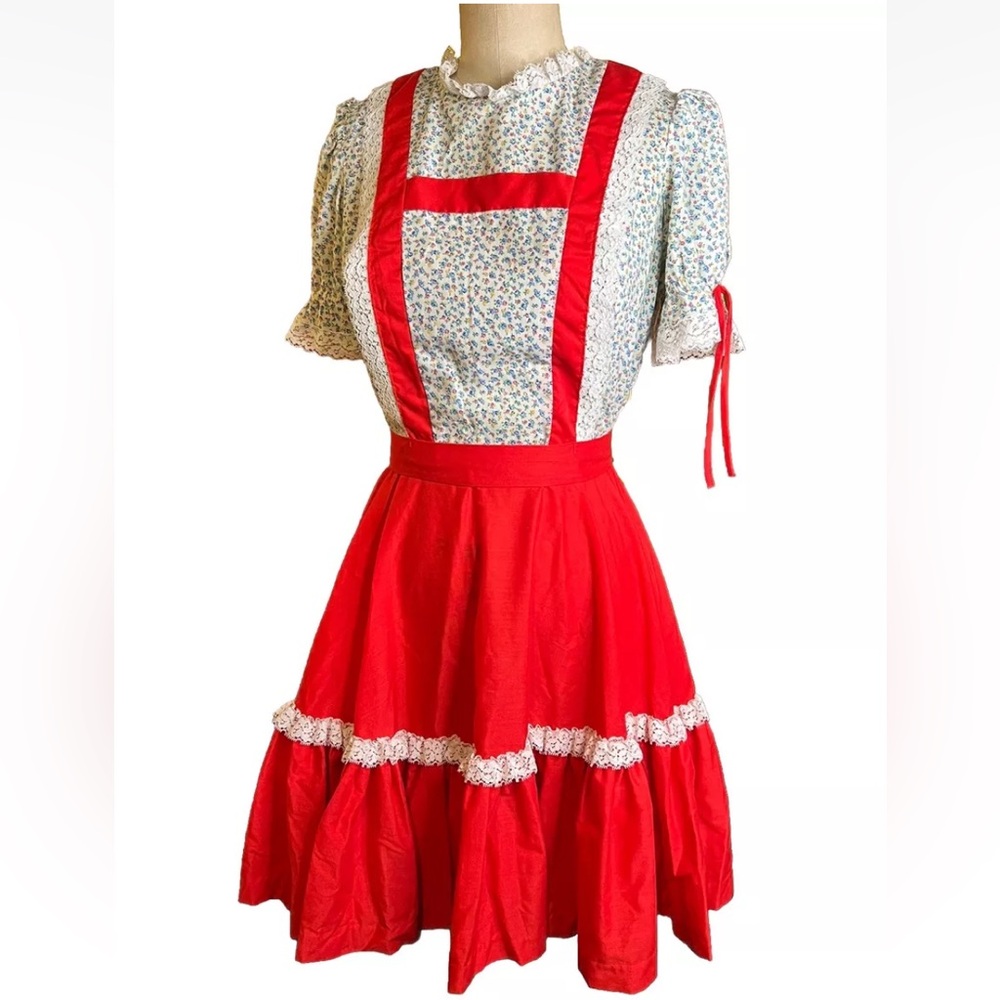 Partners Please Square Dance Dress Vintage Red White Floral Lace Trim sz 8 swing
